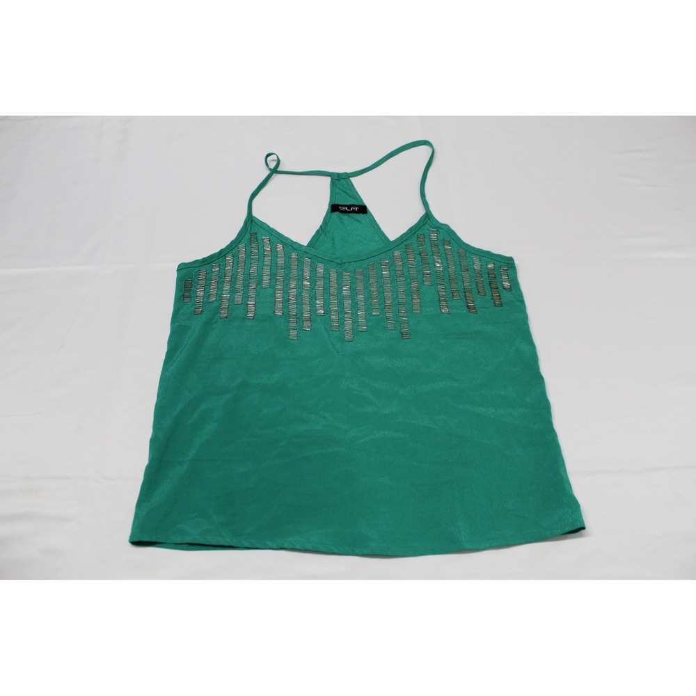 ELA Women Emerald Green Beaded‎ Racerback Camisole V-Neck Tank Top Strap Small